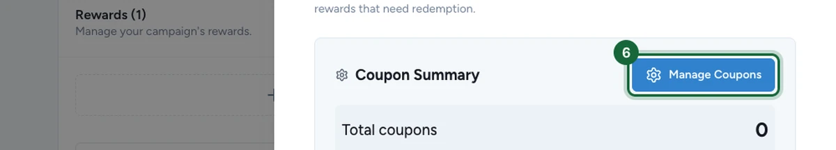 Coupon Summary panel with the Manage Coupons button highlighted