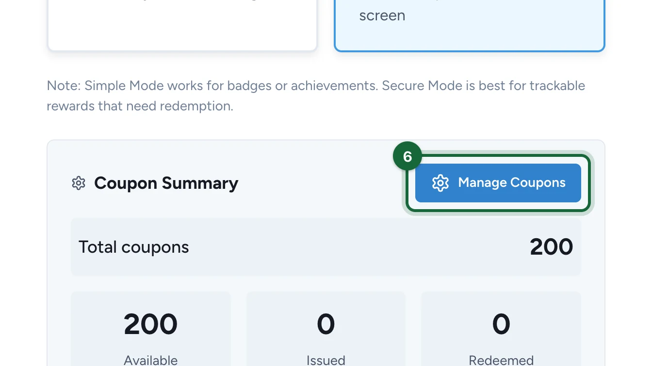 Coupon Summary with the Manage Coupons button highlighted
