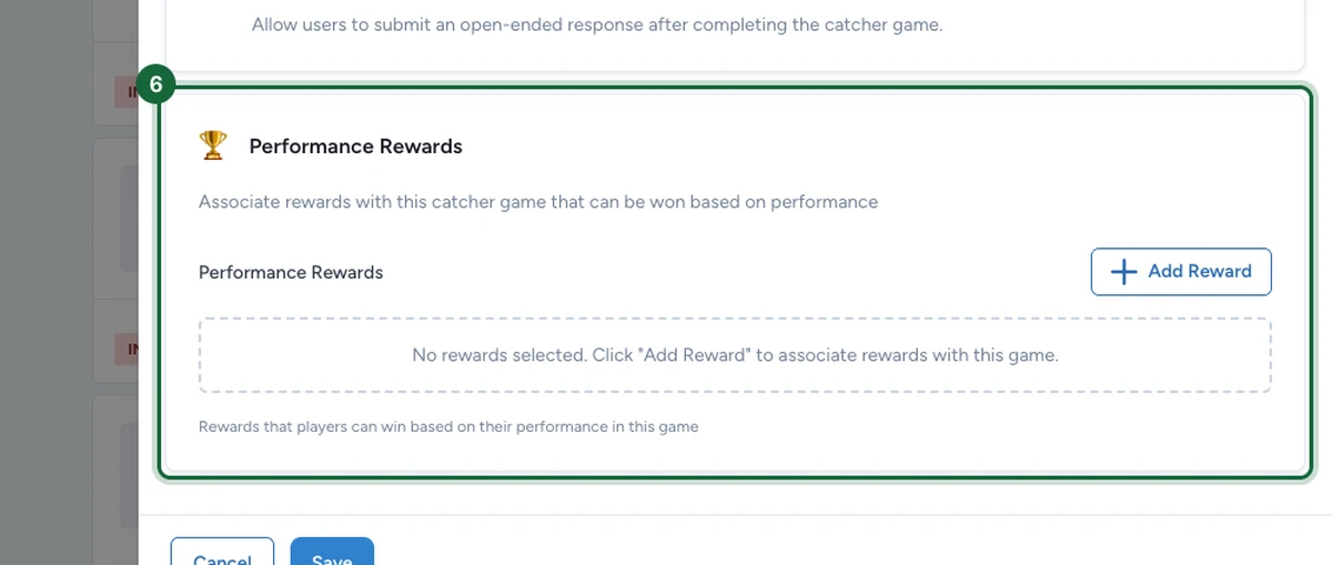 Section Performance Rewards avec l'action Add Reward pour le jeu catcher