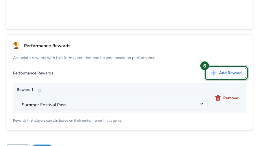 Performance Rewards section with the Add Reward button highlighted