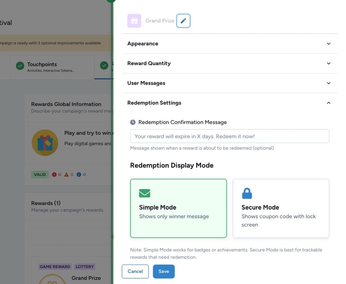 Section Redemption Settings de l'éditeur de récompense montrant le champ de message de confirmation, les options Simple Mode et Secure Mode, et le bouton Save