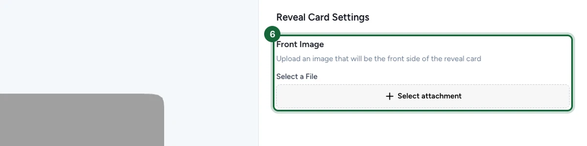Reveal Card Builder with the Front Image upload field highlighted and the card preview on the left