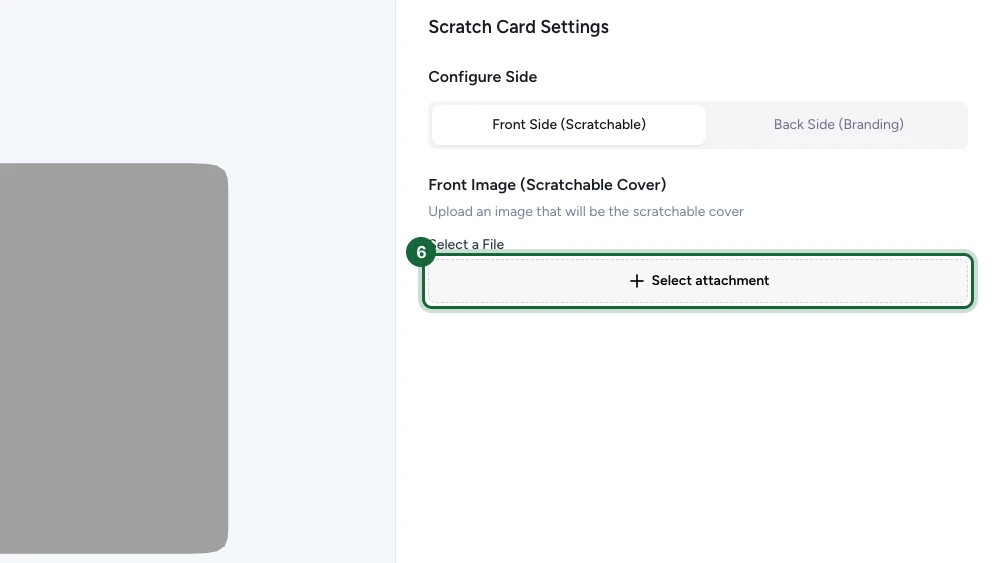 Scratch Card Builder on the Front Side tab with the scratchable cover image field highlighted