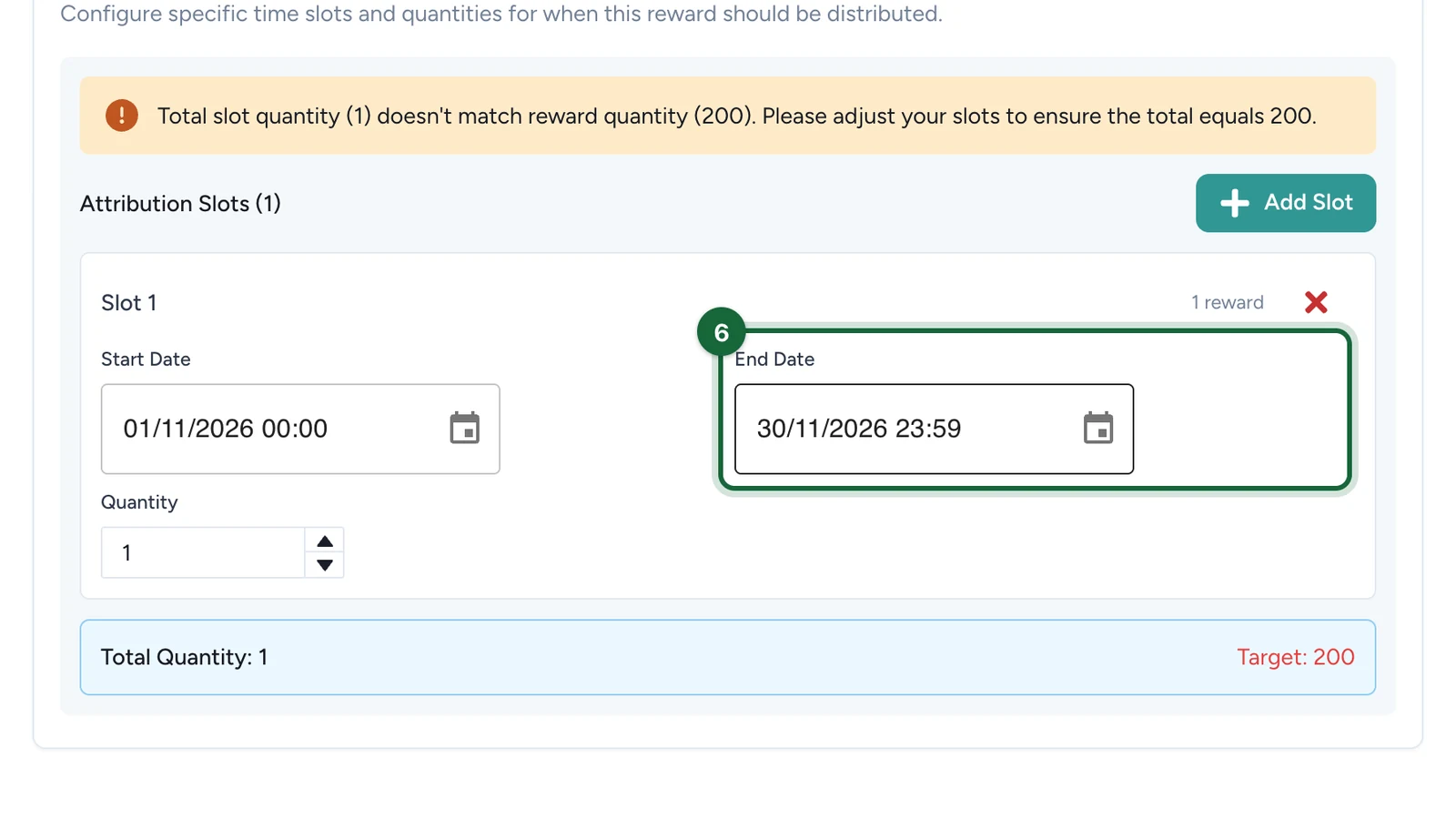 Slot 1 with End Date 30/11/2026 23:59, highlighted