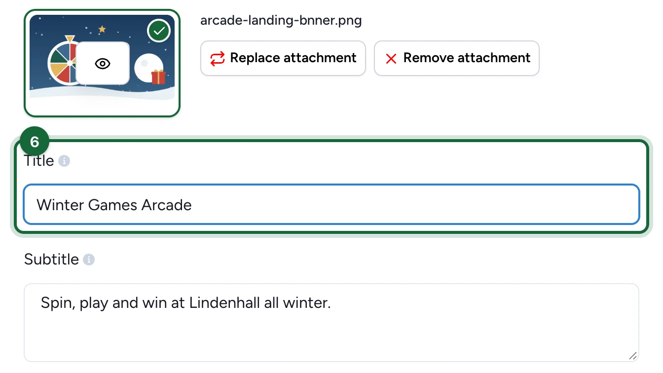 Update Header panel with the Title Winter Games Arcade, highlighted