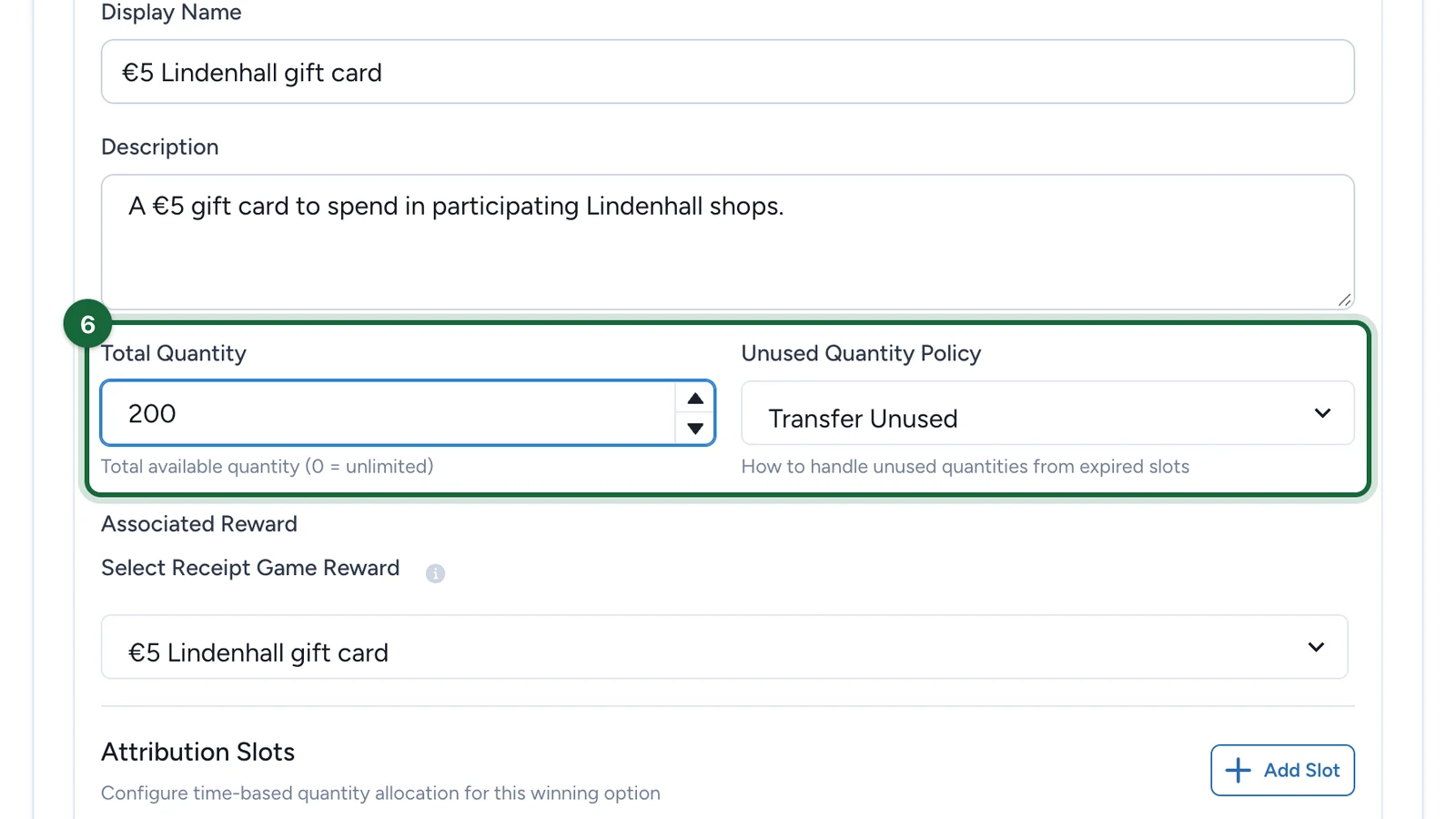 Total Quantity 200 and Unused Quantity Policy Transfer Unused, highlighted