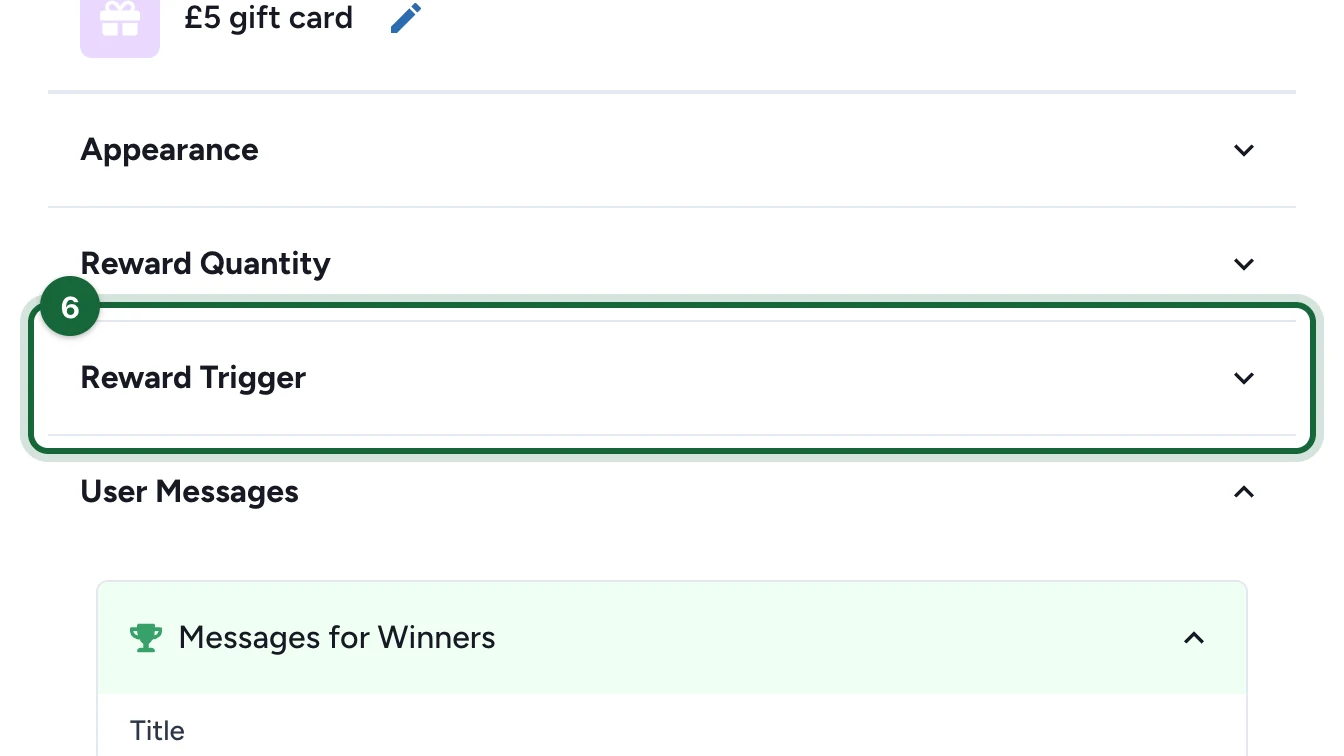 Reward settings with the Reward Trigger section highlighted
