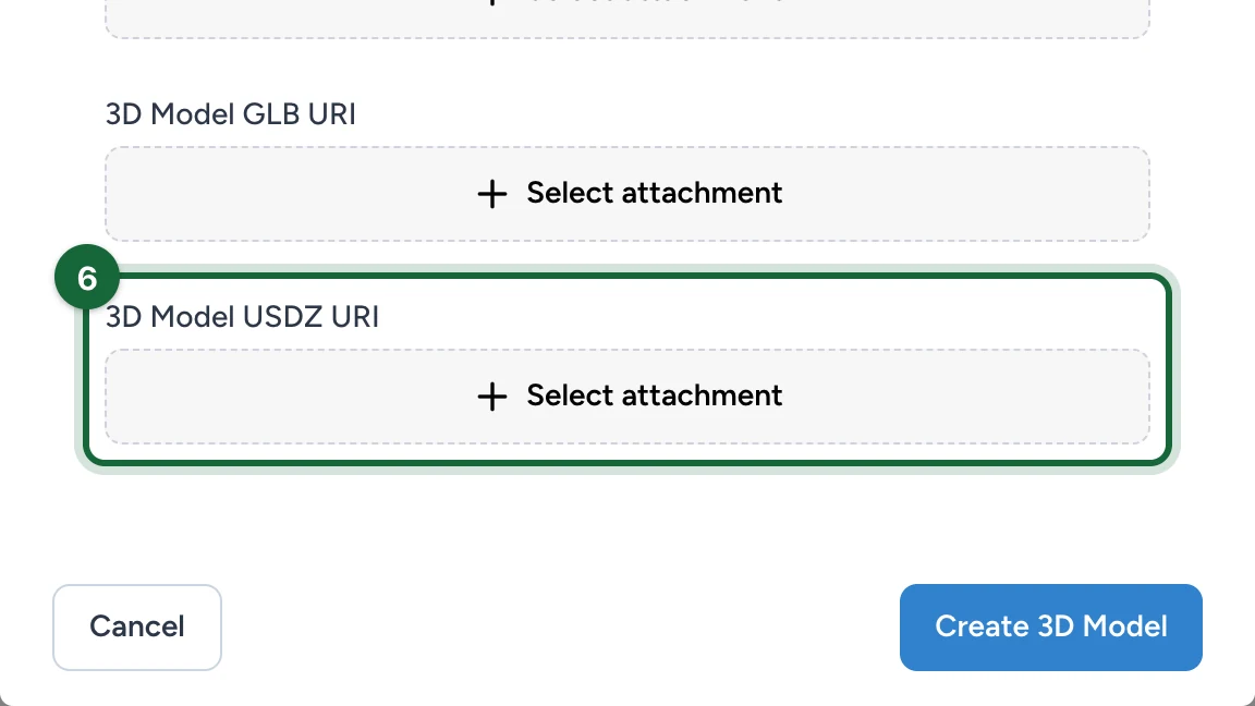 3D Model USDZ URI field highlighted