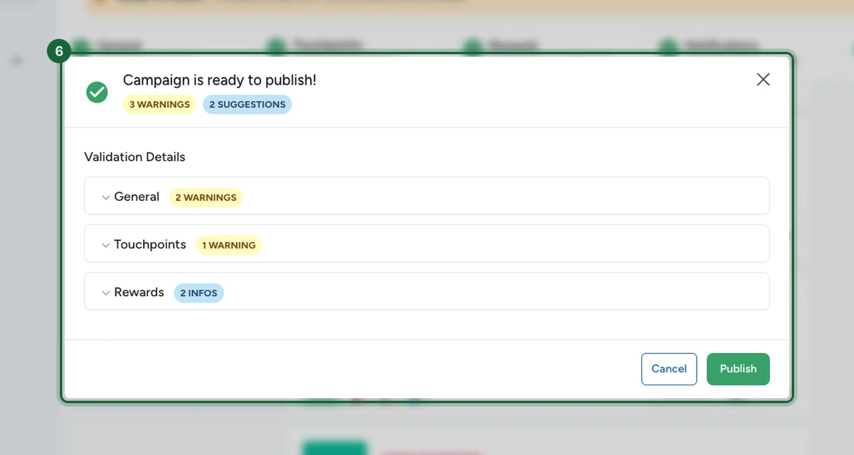 Validation modal reading Campaign is ready to publish, with General, Touchpoints, and Rewards check sections and the green Publish button