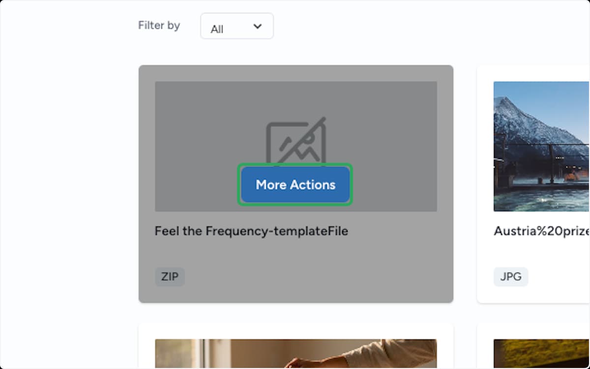 Media library showing the template ZIP card with More Actions highlighted