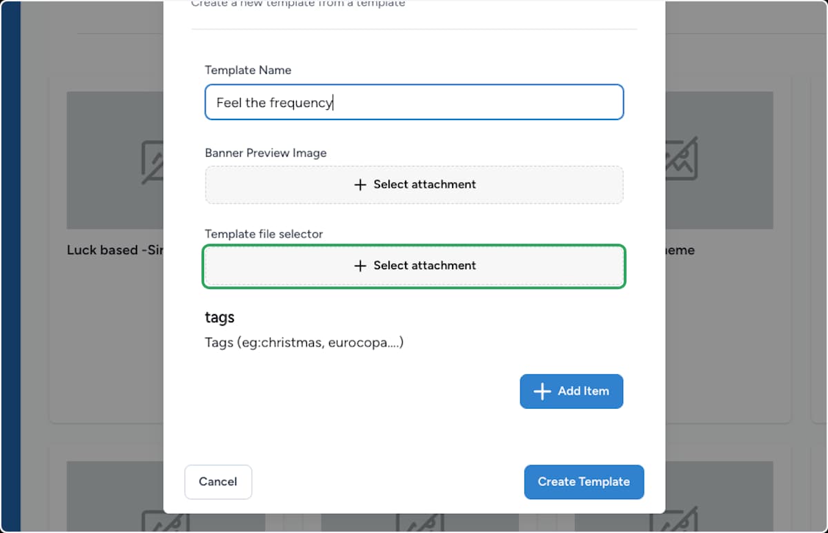 New Template panel with the Select attachment button under Template file selector highlighted