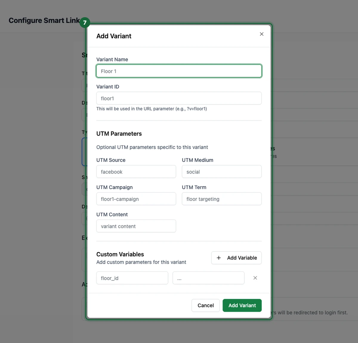 Add Variant dialog with Variant Name, Variant ID, per-variant UTM Parameters, and Custom Variables