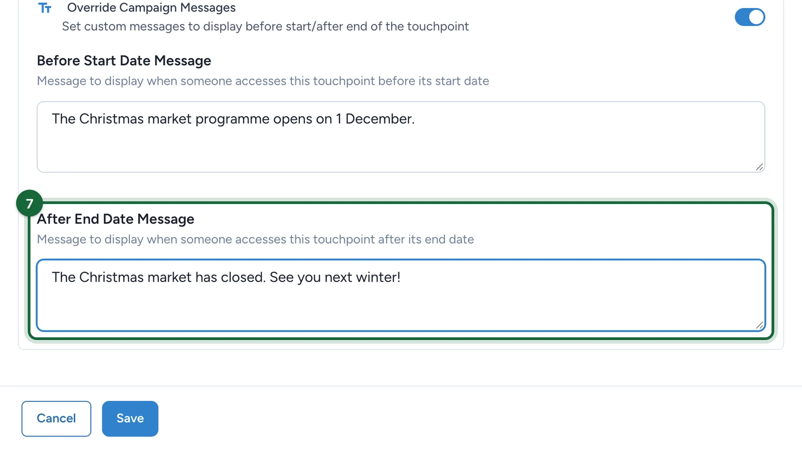 After End Date Message filled in, highlighted