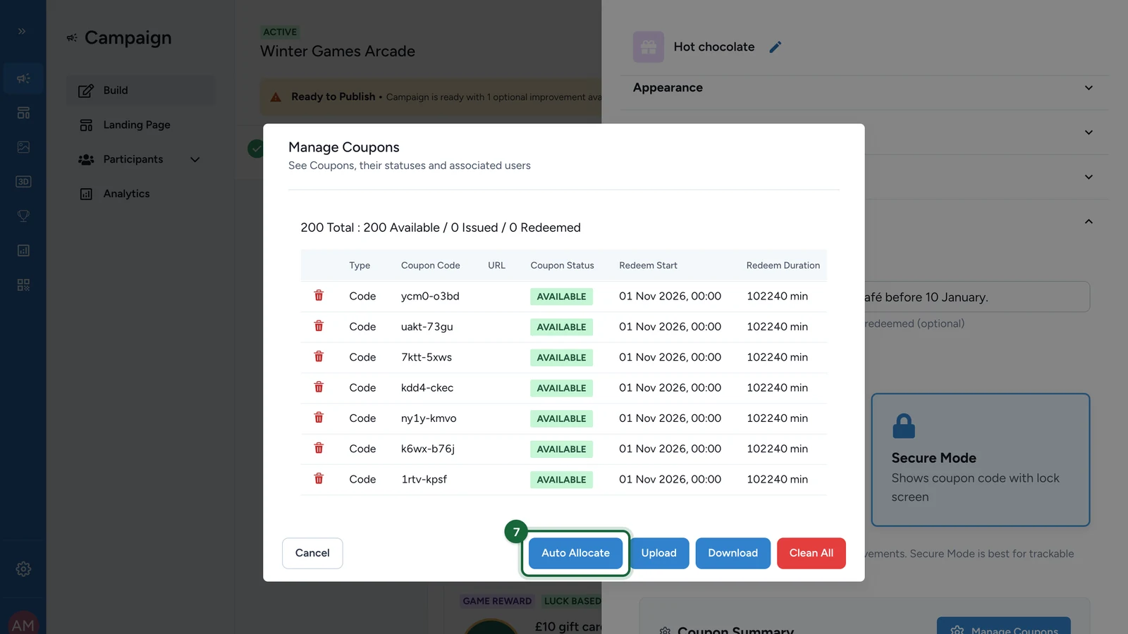 Manage Coupons window with Auto Allocate highlighted