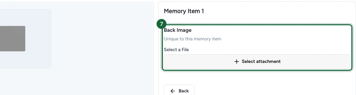Memory Game Builder avec un élément sélectionné et sa Back Image, l'image unique révélée, mise en évidence