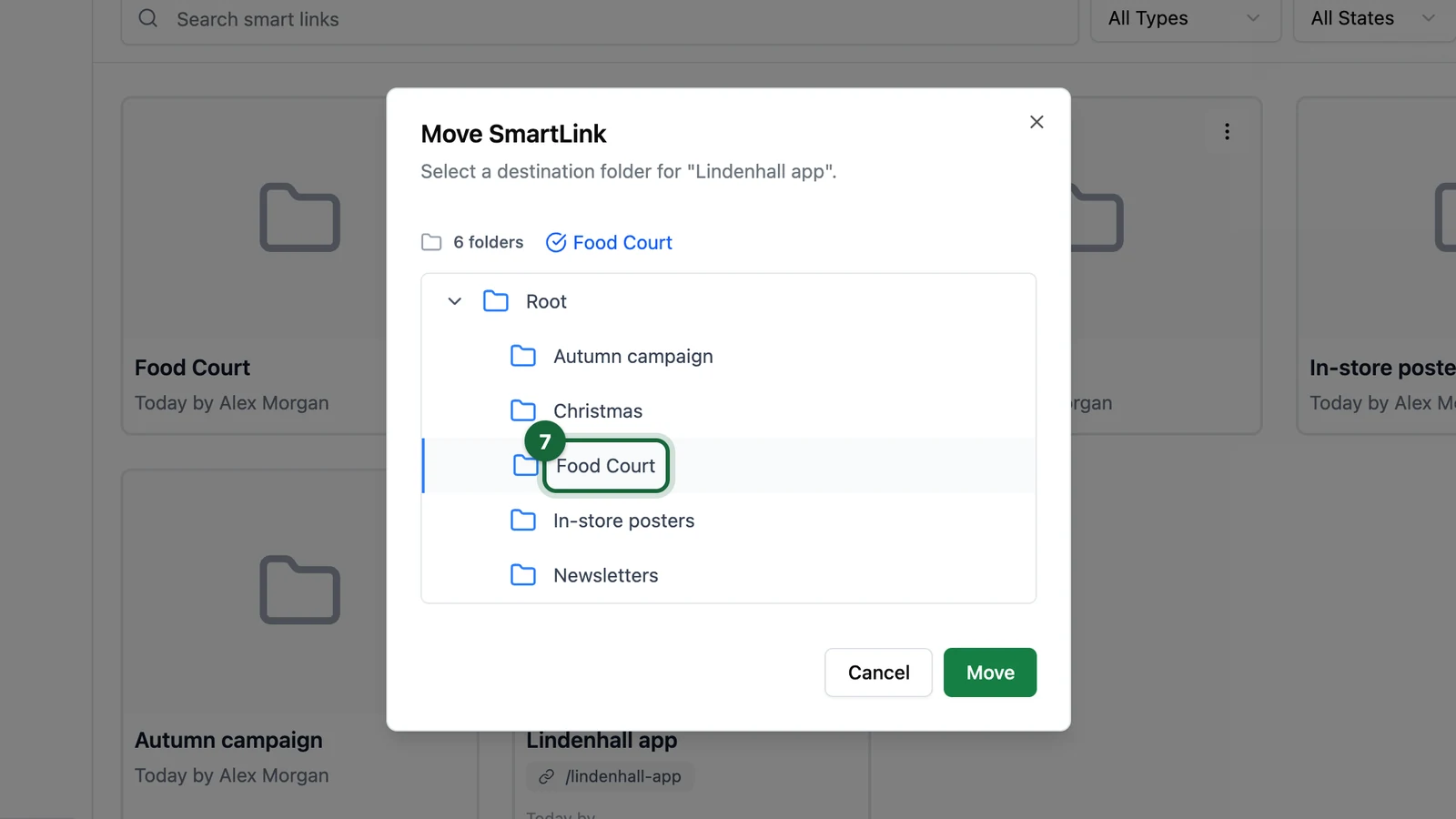 Move SmartLink window with the Food Court folder selected, highlighted
