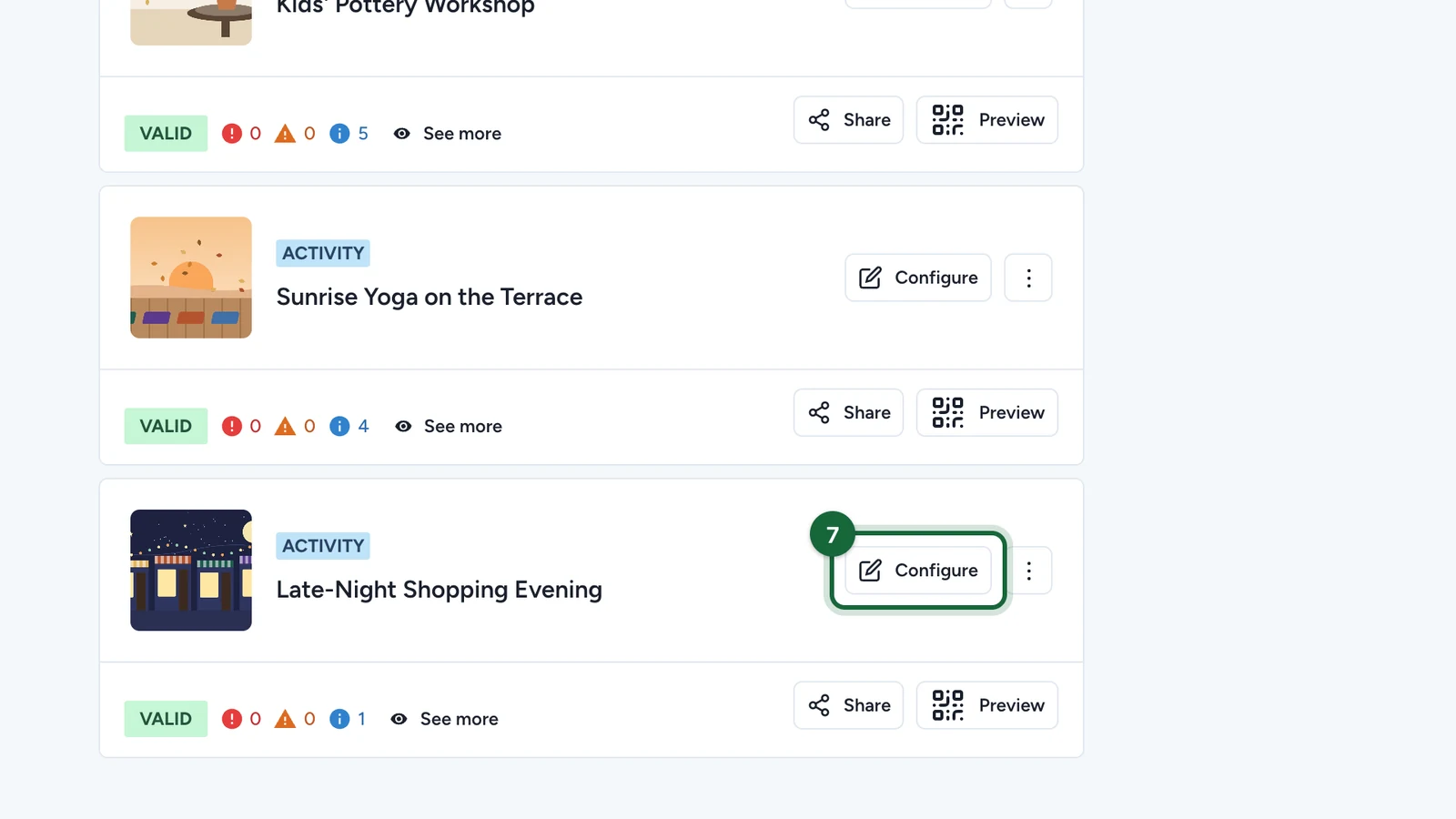 Touchpoints list with the Configure button of Late-Night Shopping Evening highlighted