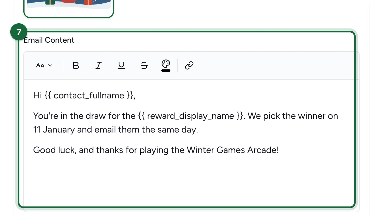 Email Content telling the participant when the hamper is drawn, highlighted