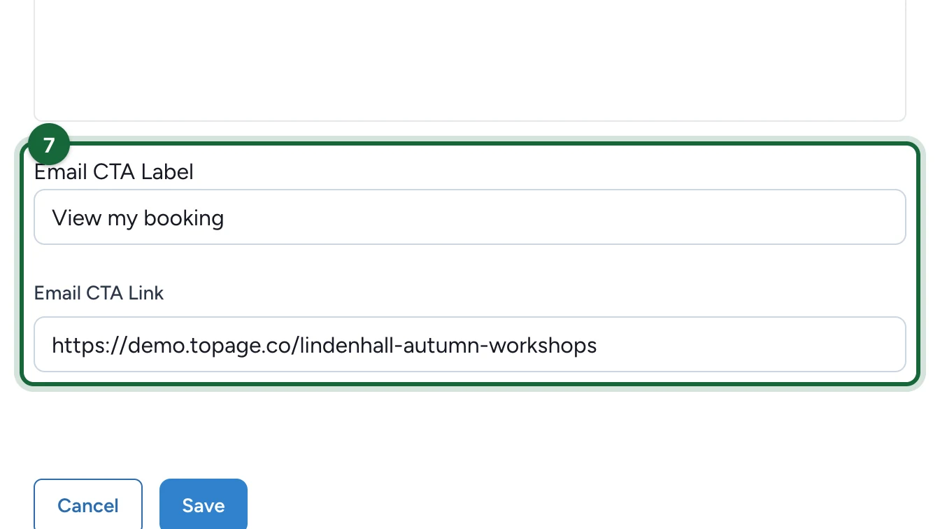 Email CTA Label and Email CTA Link fields filled in, highlighted