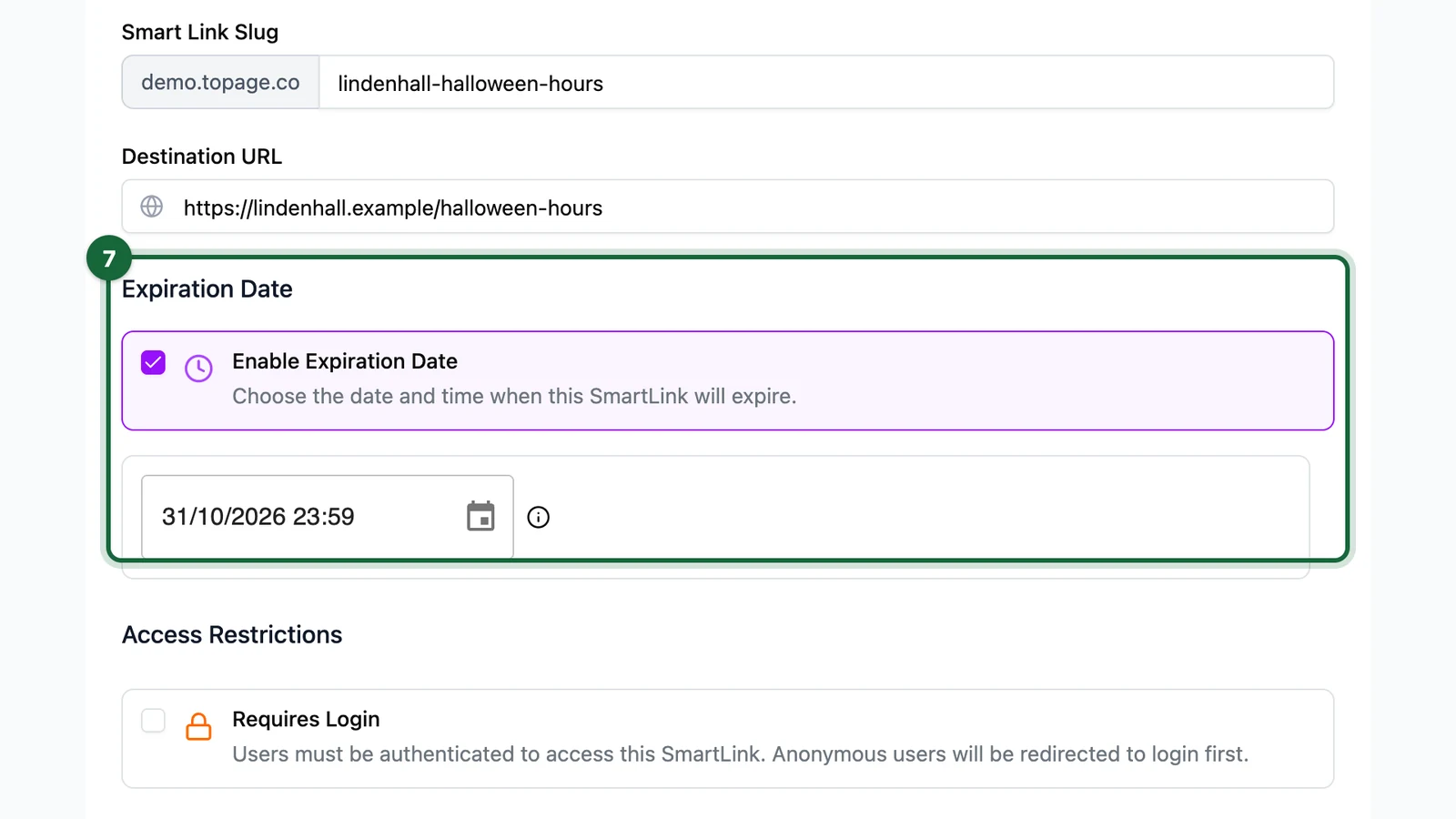 Enable Expiration Date on, set to 31 October 2026 at 23:59, highlighted