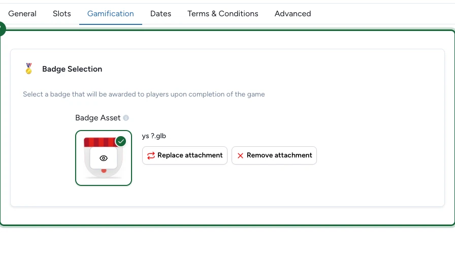Gamification tab with the selected badge highlighted