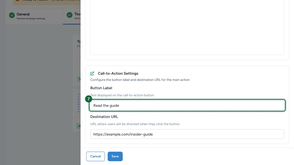 Call-to-Action Settings avec le champ Button Label mis en évidence