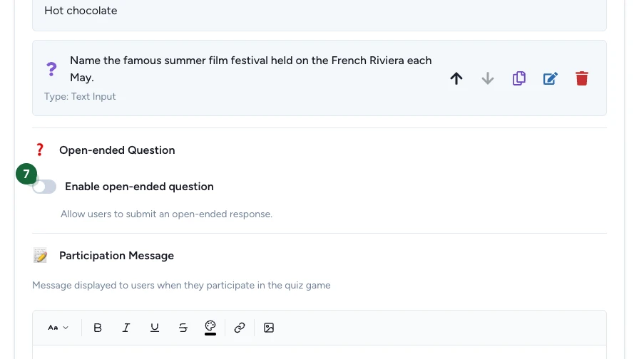 Section Open-ended Question avec l'interrupteur Enable open-ended question mis en évidence