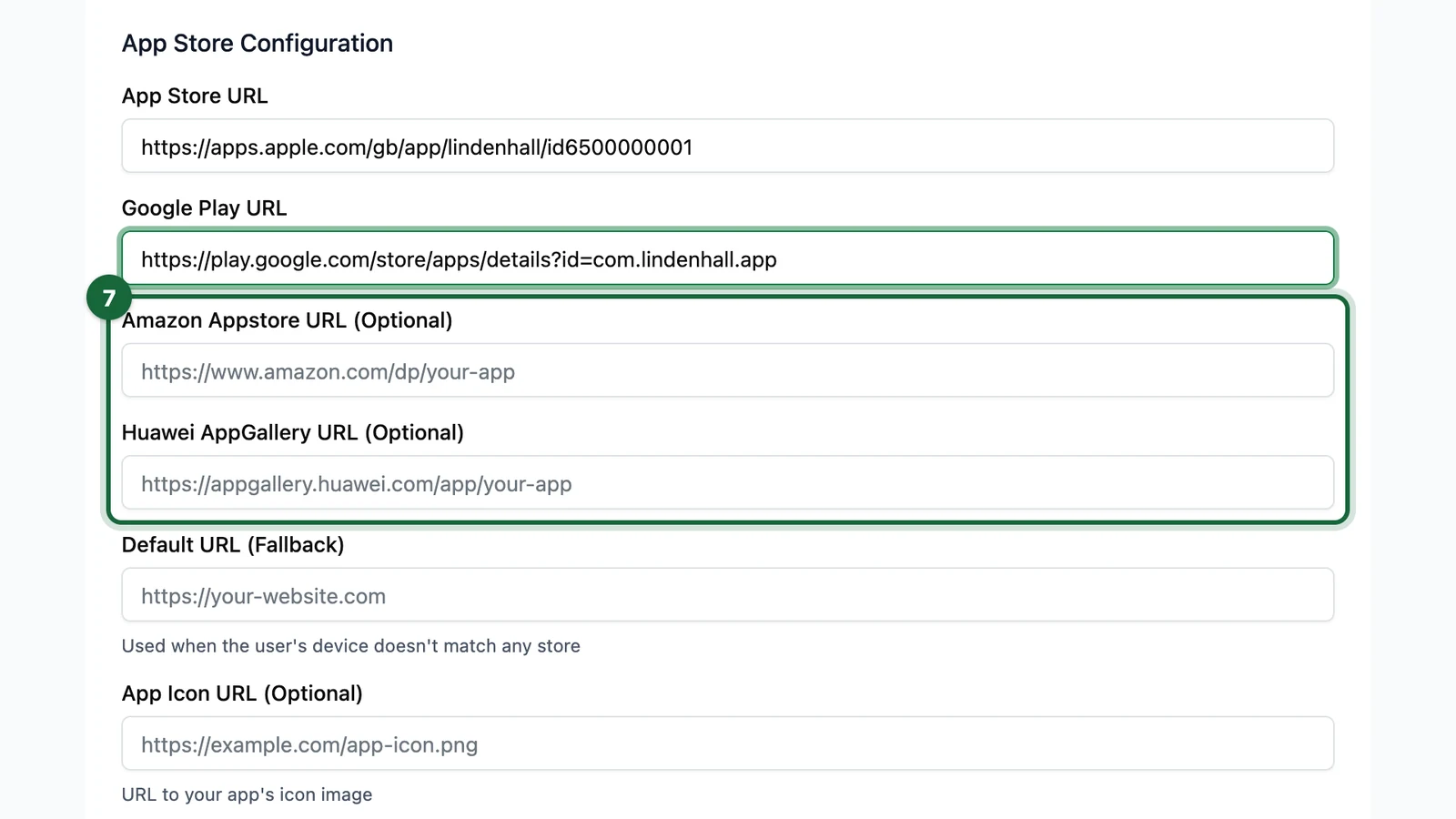 Amazon Appstore and Huawei AppGallery URL fields, highlighted
