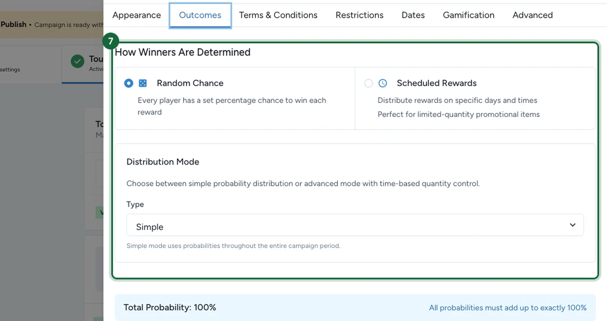 Outcomes tab with the How Winners Are Determined choice showing Random Chance and Scheduled Rewards