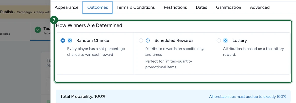 Onglet Outcomes avec le sélecteur How Winners Are Determined montrant Random Chance, Scheduled Rewards et Lottery