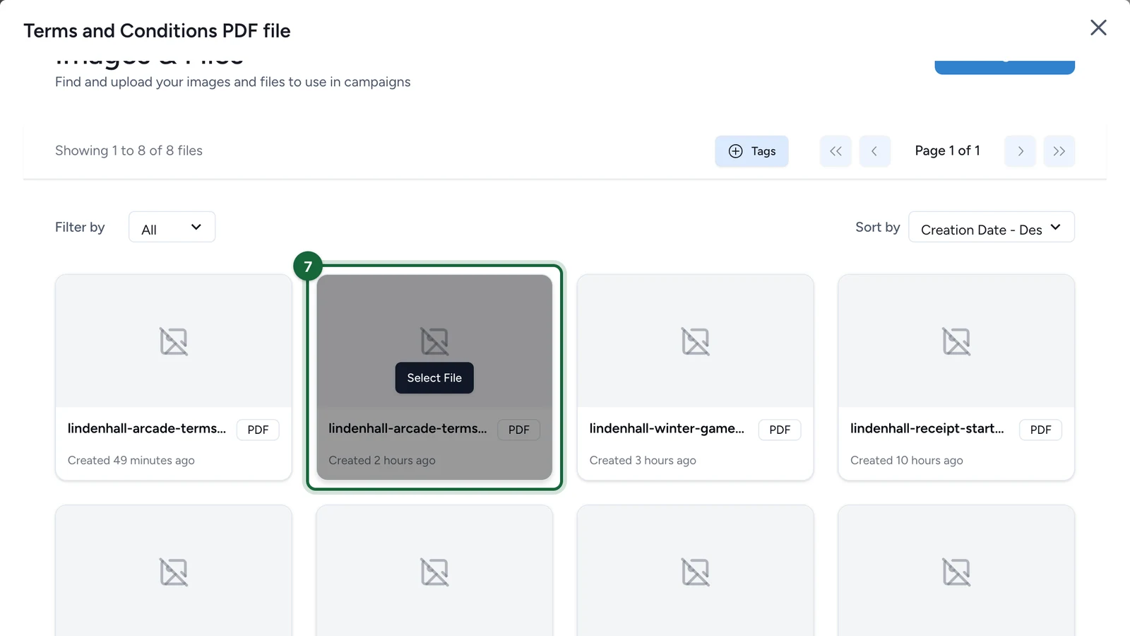 Images & Files library showing PDFs, with the arcade terms highlighted