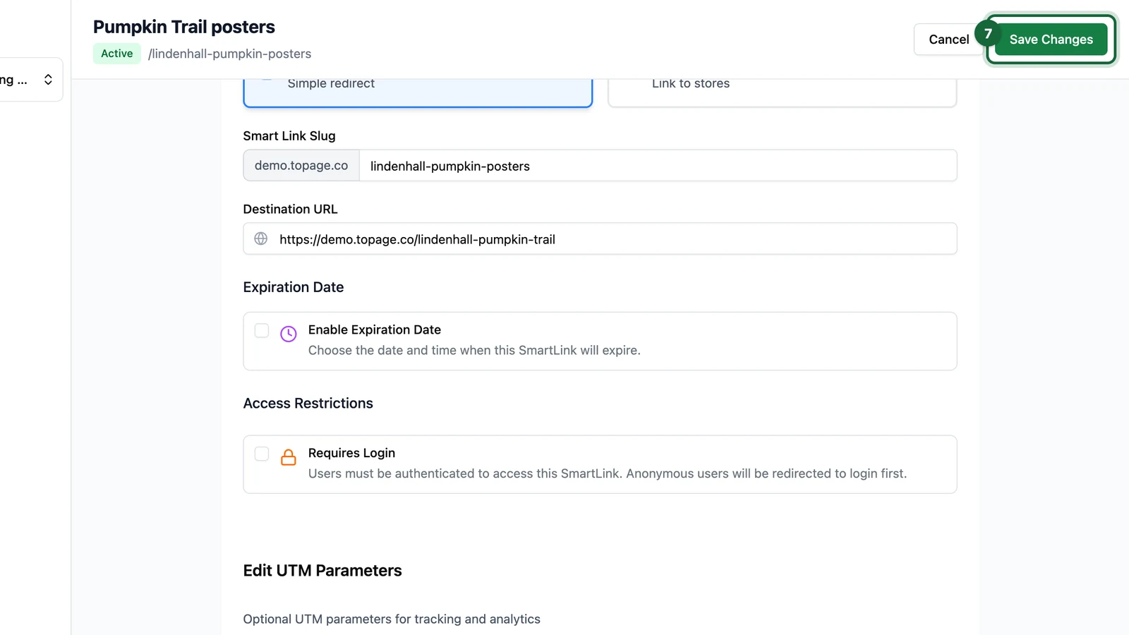 Edit Smart Link page with the Save Changes button highlighted