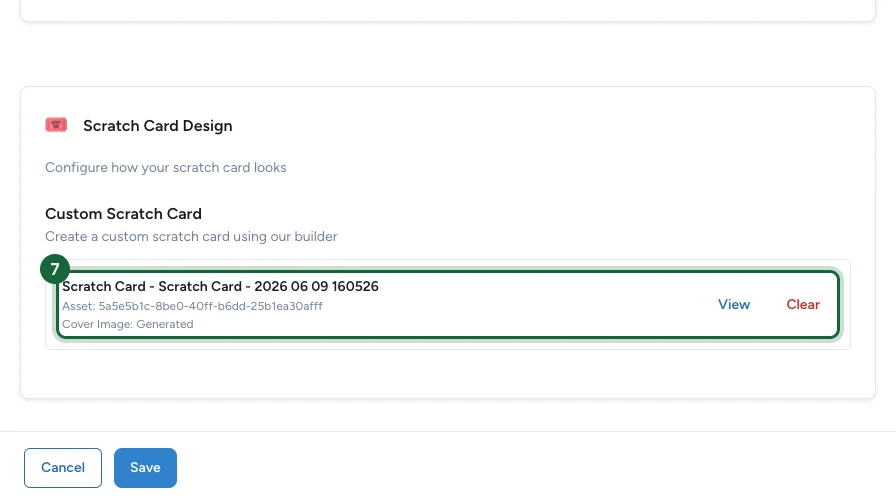 Panneau Scratch Card Design affichant une carte personnalisée enregistrée avec une image de couverture générée