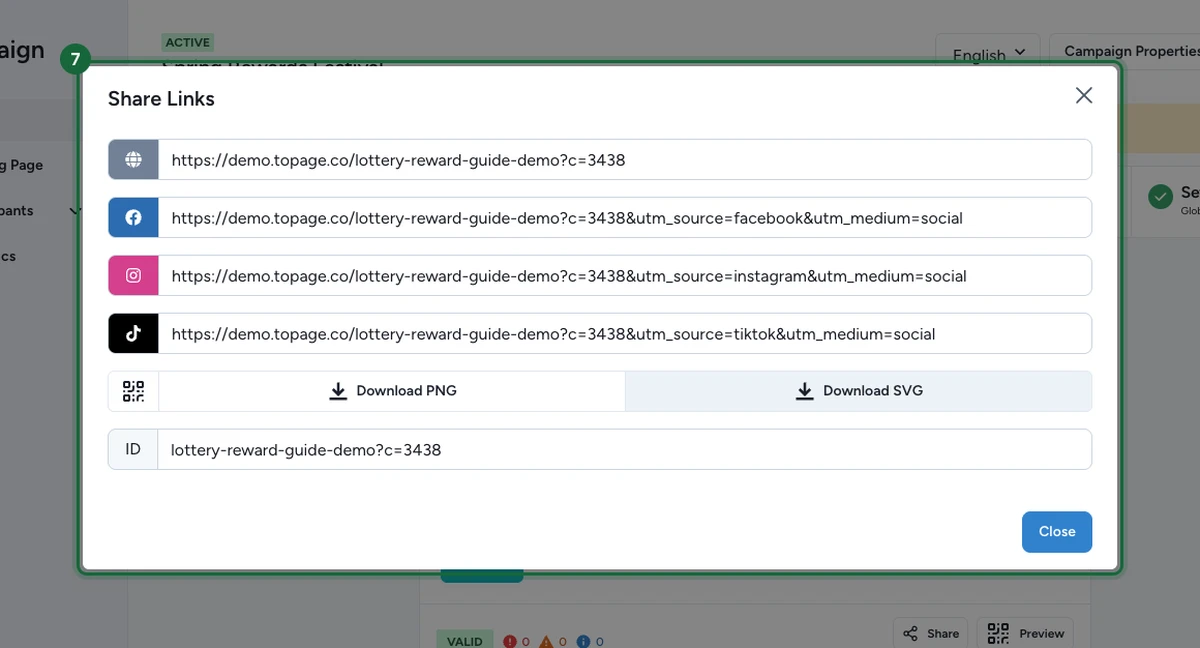 Share Links modal listing the live web link plus per-channel social links, with Download PNG and Download SVG buttons for the QR code