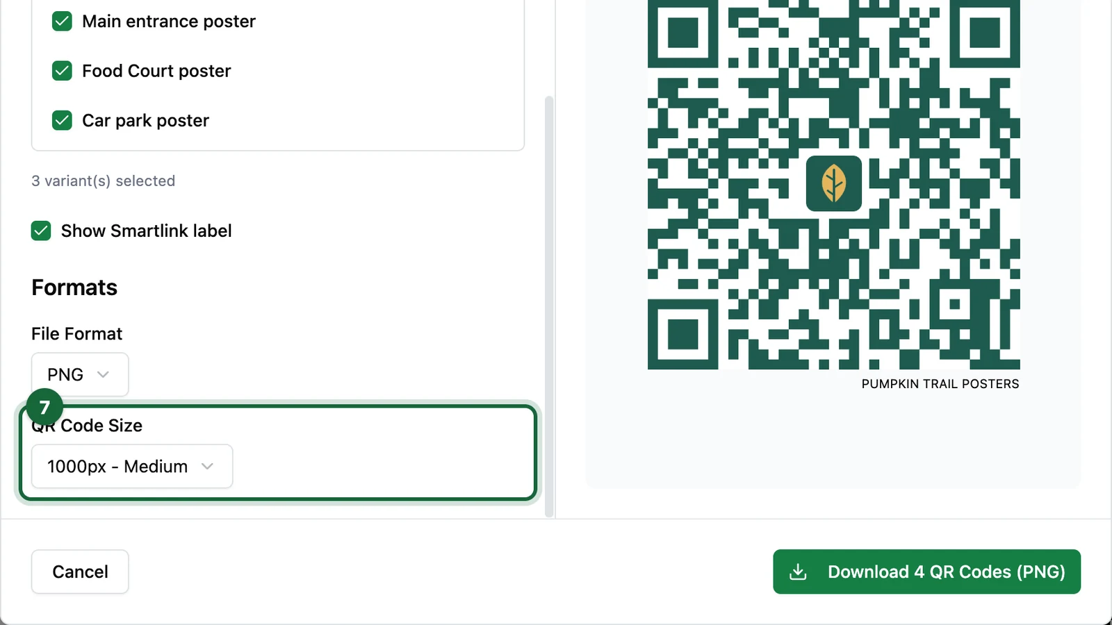 QR Code Size set to 1000px - Medium, highlighted