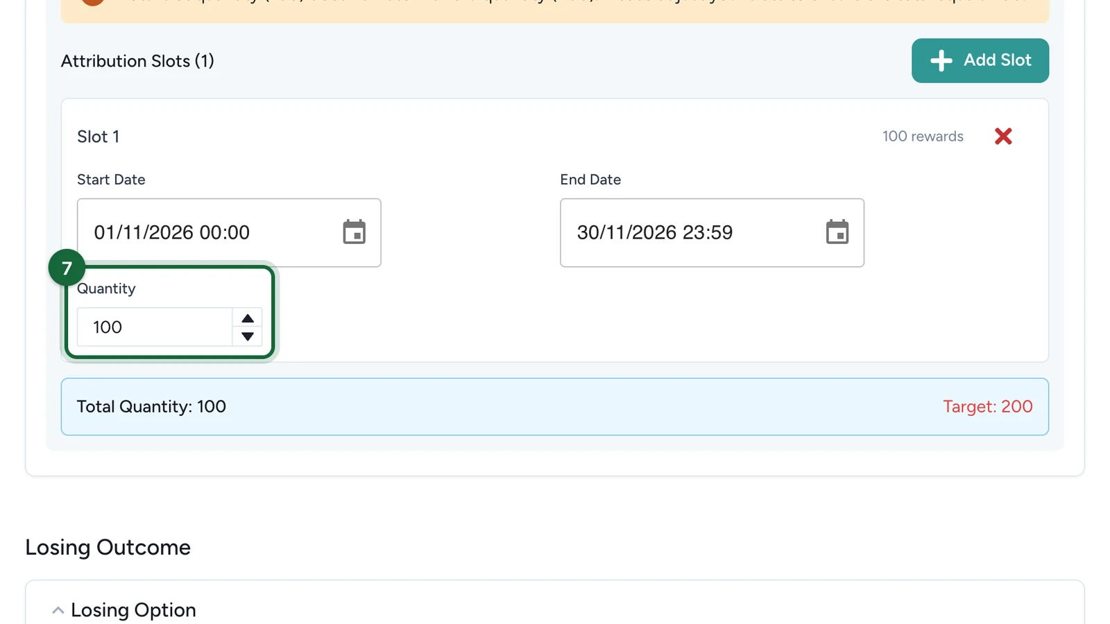 Slot 1 with Quantity 100, highlighted