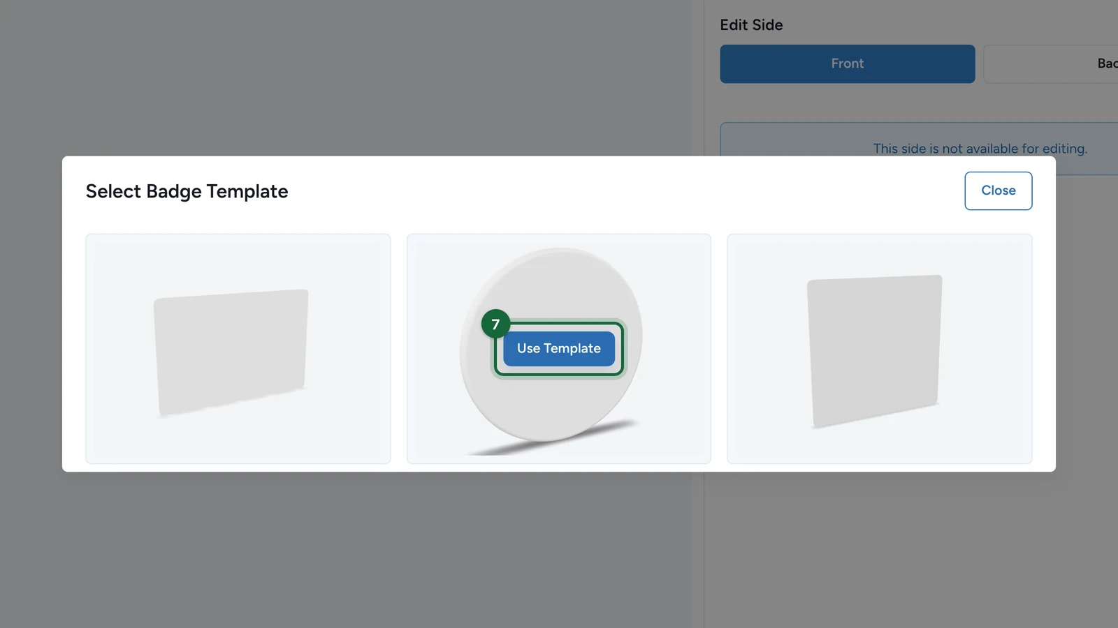Select Badge Template with the round template's Use Template button highlighted