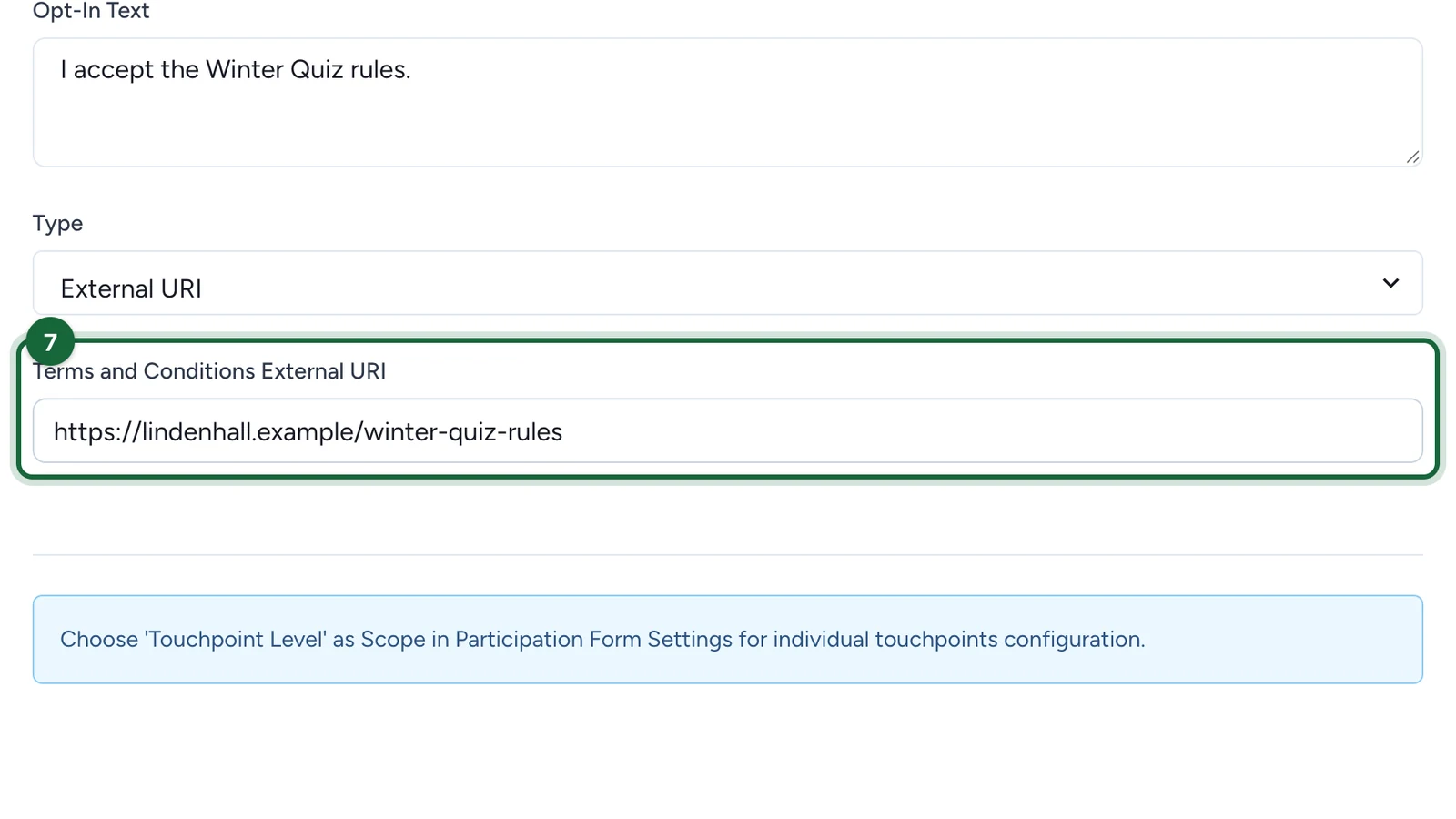 Terms and Conditions External URI with the rules page address, highlighted