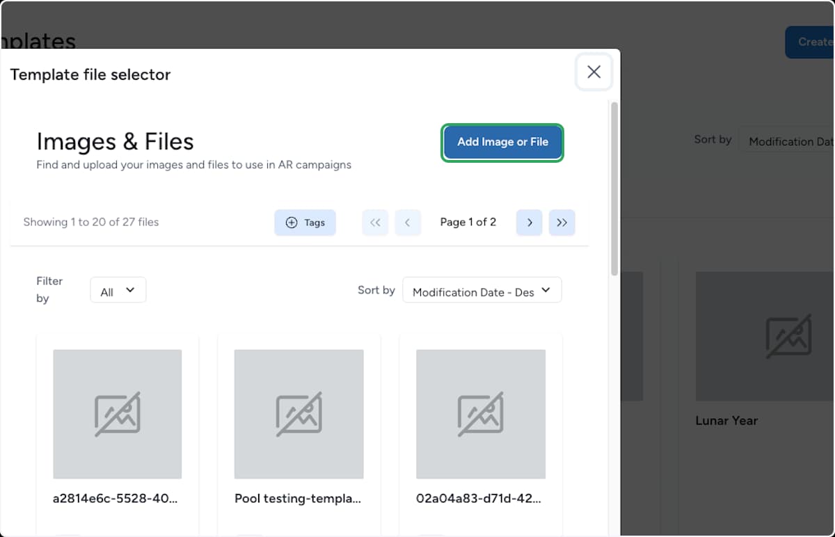 Template file selector showing the Images and Files library with the Add Image or File button highlighted