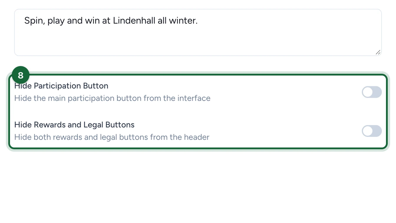 Hide Participation Button and Hide Rewards and Legal Buttons switches, both off, highlighted