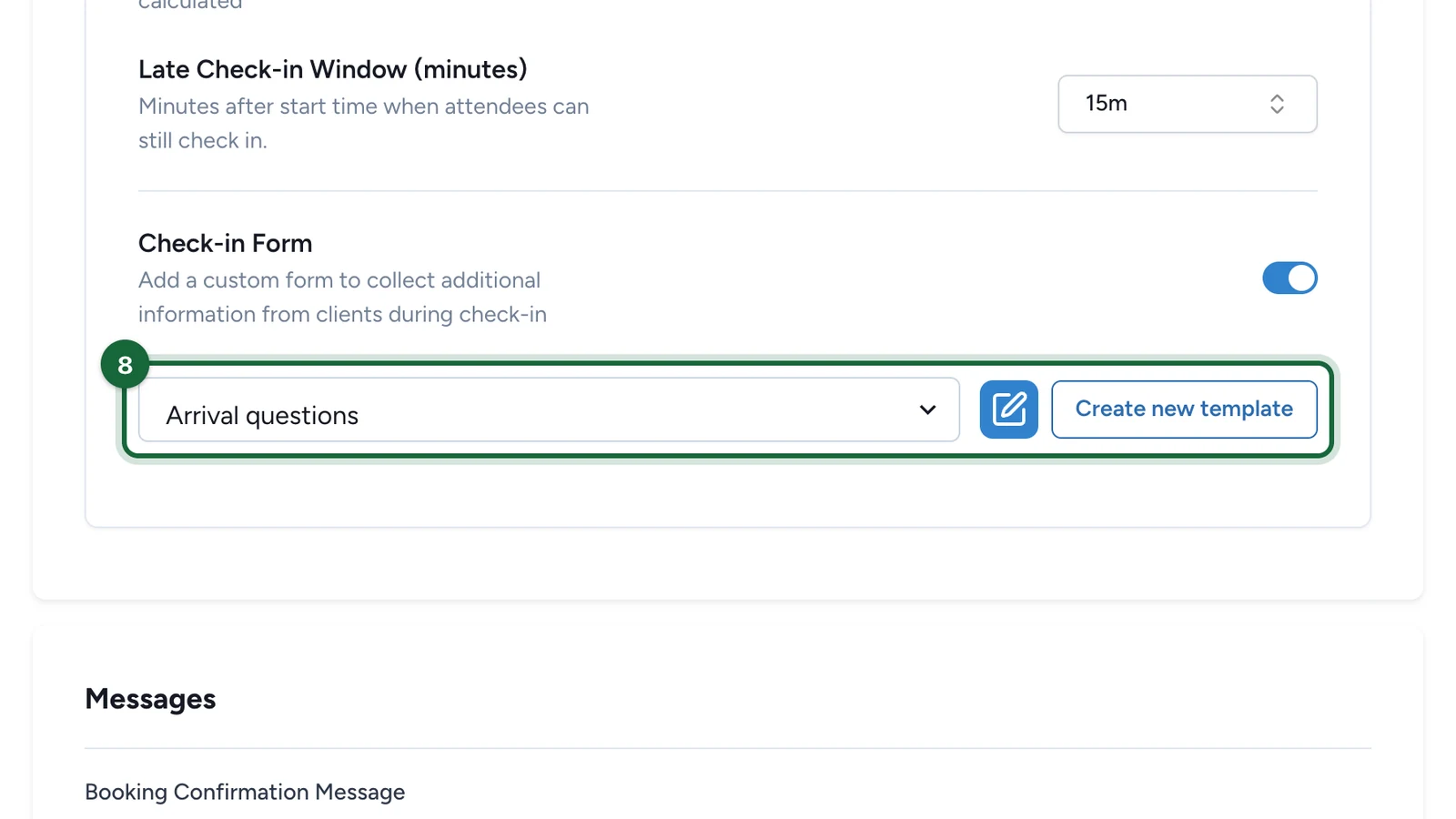 Check-in Form list set to Arrival questions, with Create new template, highlighted