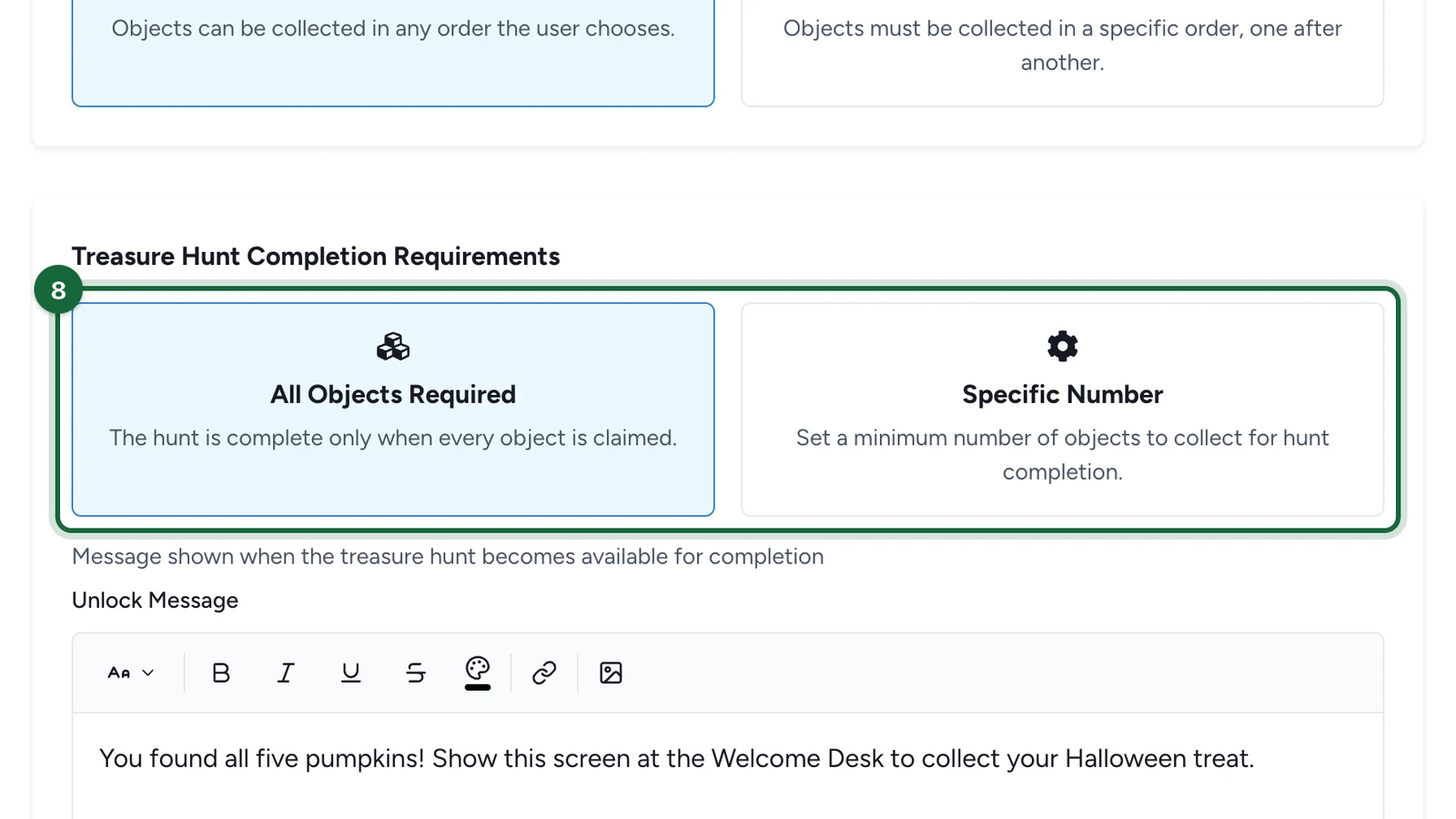 Completion options All Objects Required and Specific Number, highlighted