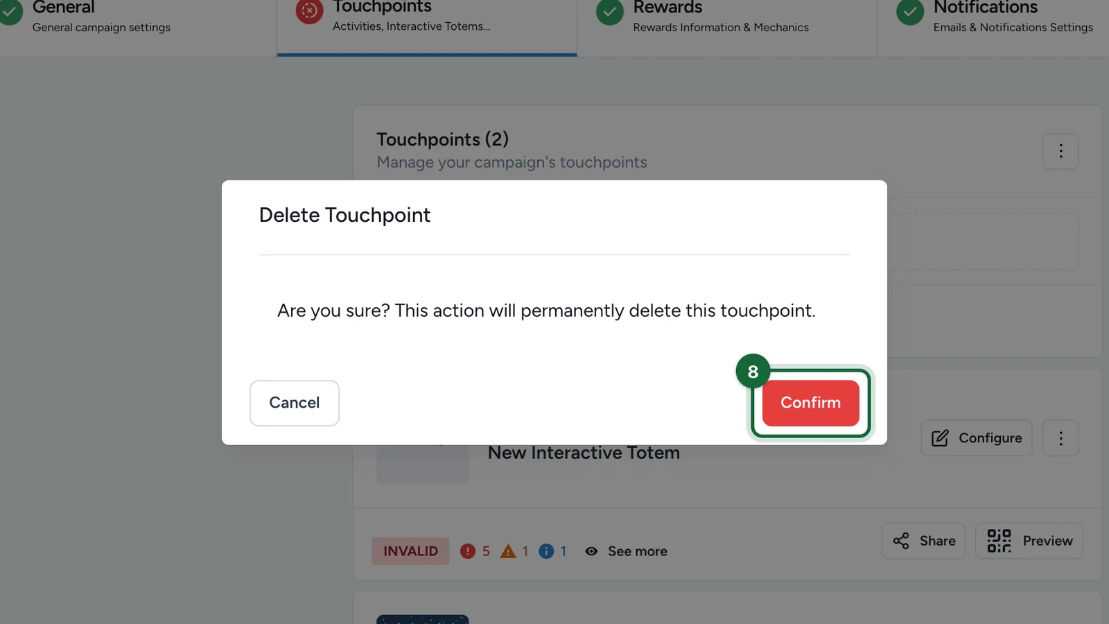 Delete Touchpoint window with the Confirm button highlighted