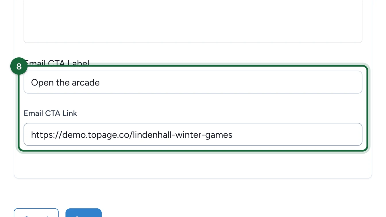 Email CTA Label Open the arcade and the campaign address, highlighted