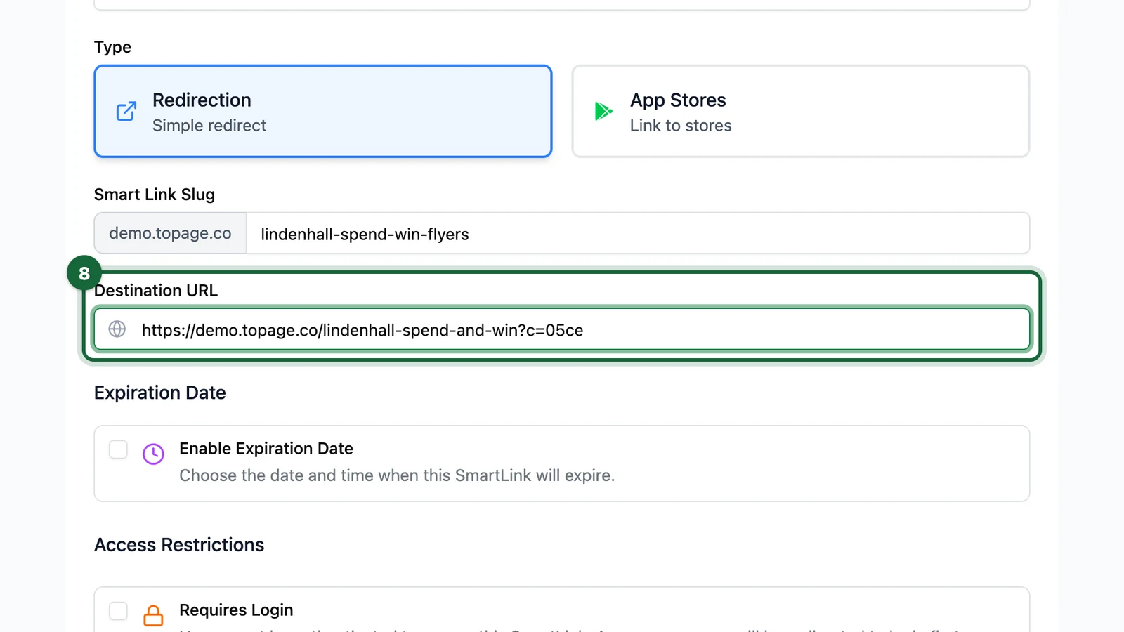 Destination URL set to the Spend and Win receipt game's link, highlighted