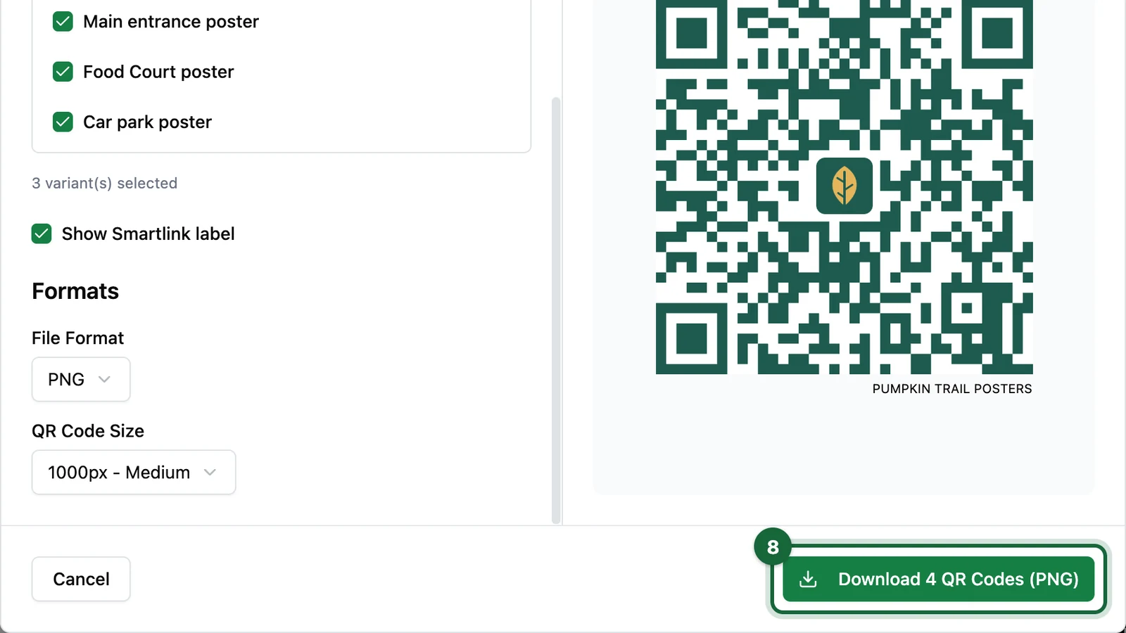 Design QR Code window with the Download 4 QR Codes (PNG) button highlighted