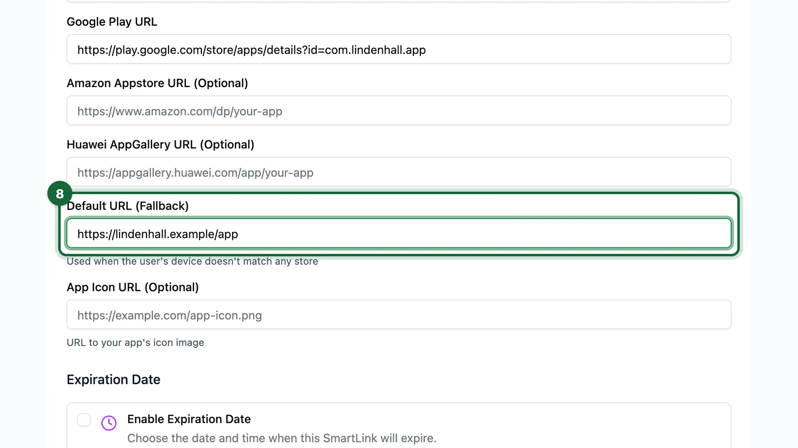 Default URL (Fallback) set to the app's web page, highlighted