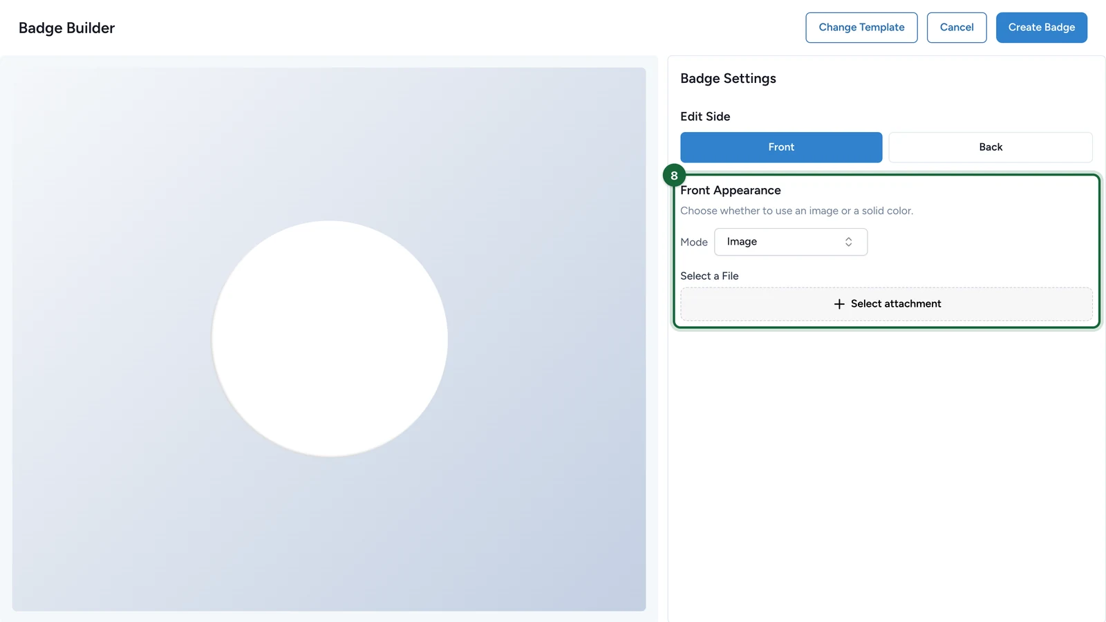 Badge Builder with Front Appearance highlighted