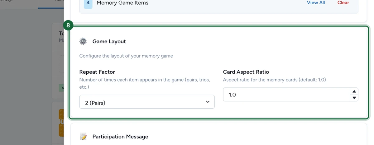 Section Game Layout avec les contrôles Repeat Factor et Card Aspect Ratio mis en évidence