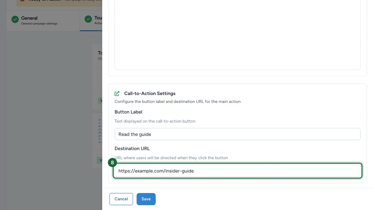 Call-to-Action Settings avec le champ Destination URL mis en évidence
